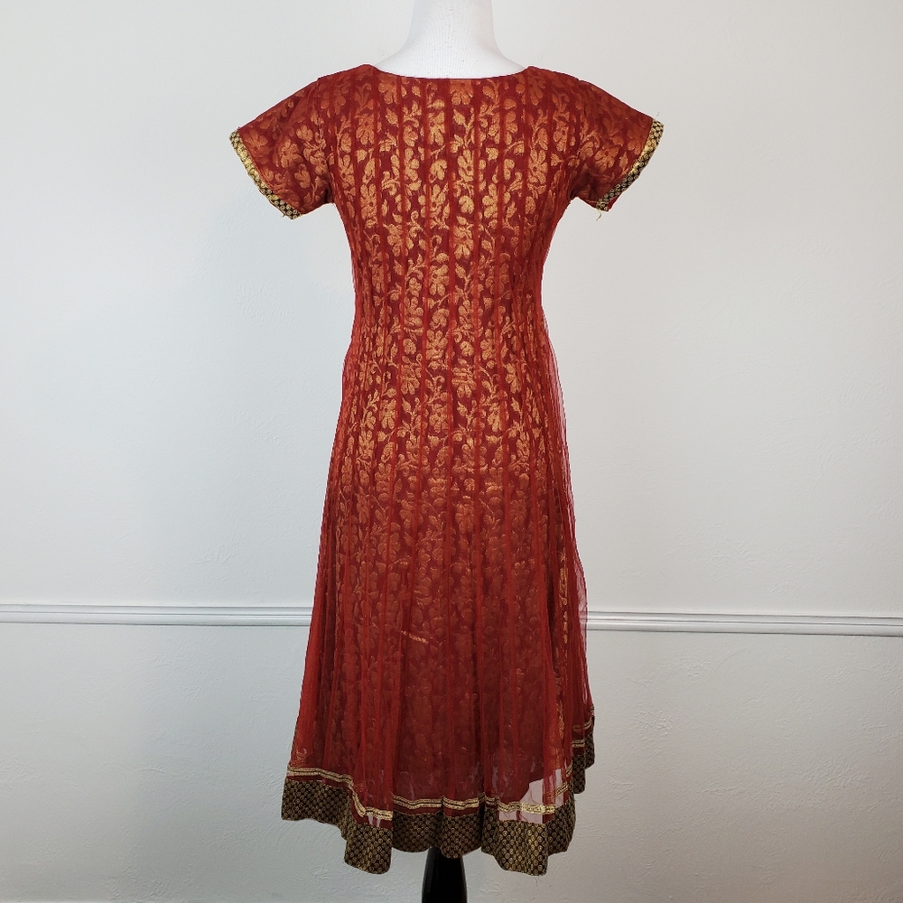 Traditional Indian Dress Pakistani Beaded Floral Embellished Metallic Burnt Red - Picture 6 of 16